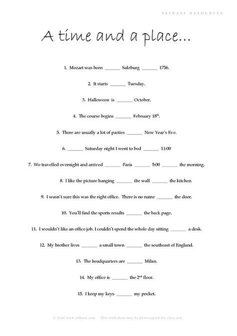 Activity To Practise Prepositions Of Time And Place Eslbase