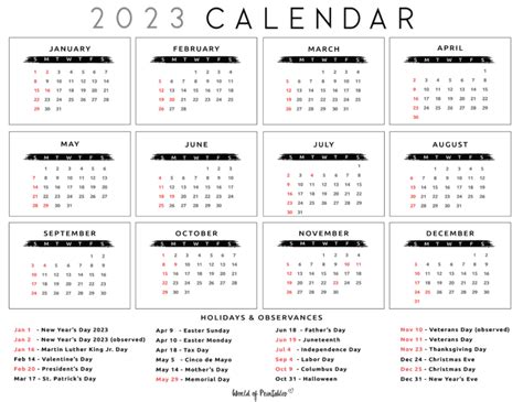 2023 Calendar With Holidays World Of Printables