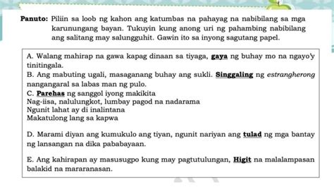 Panuto Piliin Sa Loob Ng Kahon Ang Katumbas Na Pahayag Na Nabibilang