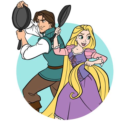 Rapunzel And Flynn Rider With Their Frying Pans As Their Weapons