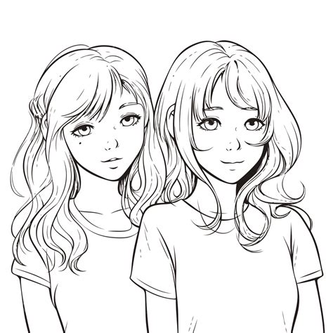 Two Anime Girls Coloring Pages Outline Sketch Drawing Vector Anime