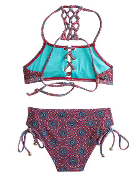 Chance Loves Red Lace Up Tween Teen 2 Piece Girls Bikini Swimsuit Set