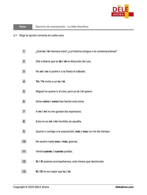 Ejercicio de gramática en español de nivel B1 Ejercicio de acentuación