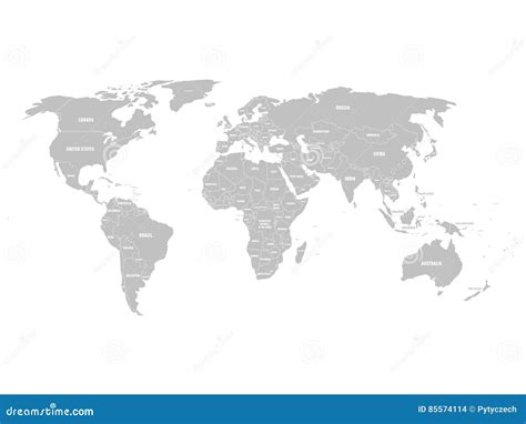 Grey Political World Map With Country Borders And White State Name