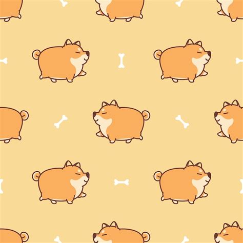 Fat Shiba Inu Dog Walking Cartoon Seamless Pattern Premium Vector