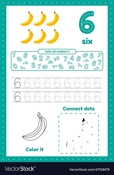 Learning Numbers Number 6 Trace Color Dot Vector Image