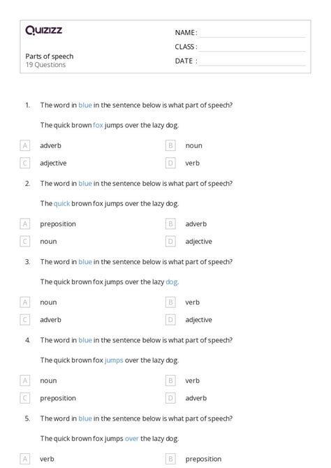 50 Parts Of Speech Worksheets For 4th Grade On Quizizz Free And Printable