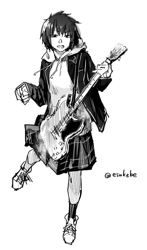 Esuke Guitar Monochrome Seifuku Sketch 720946 Yandere