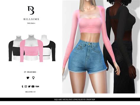 The Sims Resource Square Neckline Long Sleeve Crop Top