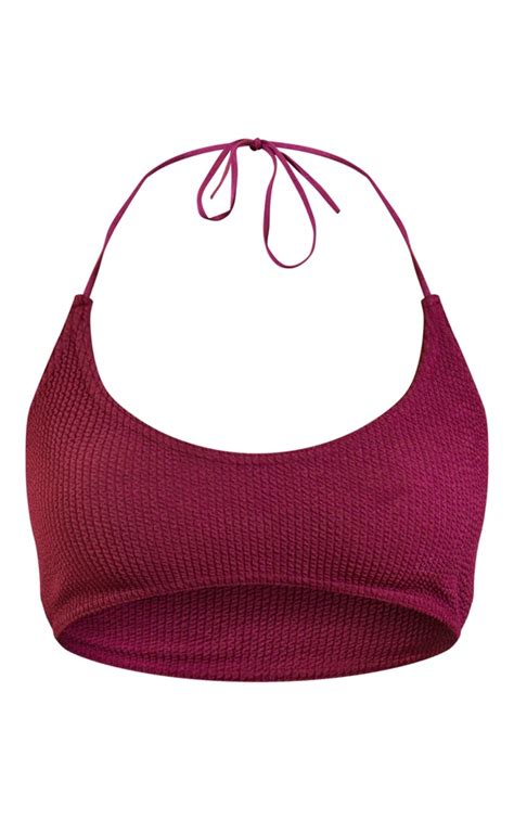 Dark Red Crinkle Halterneck Bikini Top Prettylittlething Usa