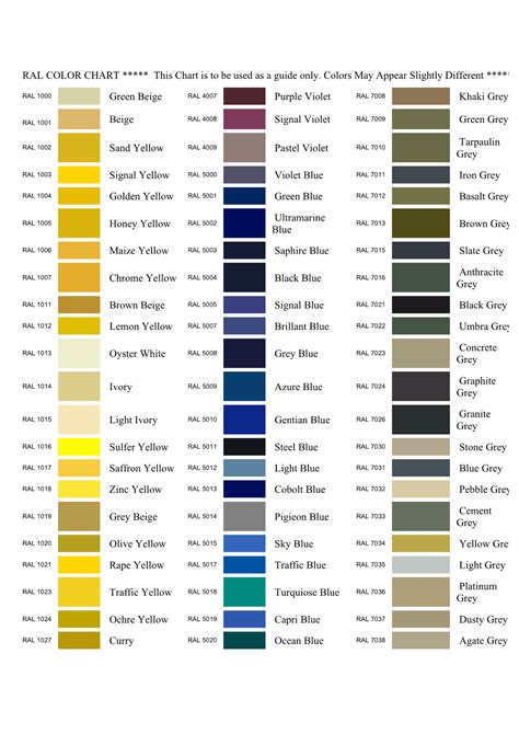 Ral Color Chart This Chart Is To Be Used As A Guide Only Colors