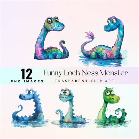 Funny Loch Ness Monster Clip Art Watercolor Quirky Lake Field