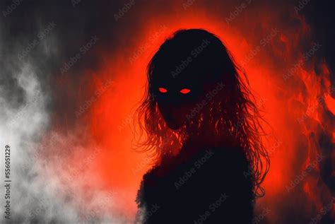 Scary Evil Spirit With Glowing Red Eyes Haunts The Foggy Woods At