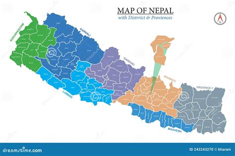 Map Of Nepal With Districts And Province Vector Illustration Stock