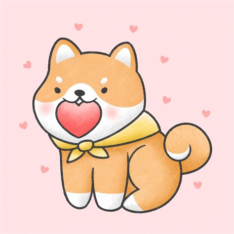 Premium Vector Cute Shiba Inu Dog Holding Heart Cartoon Hand Drawn Style