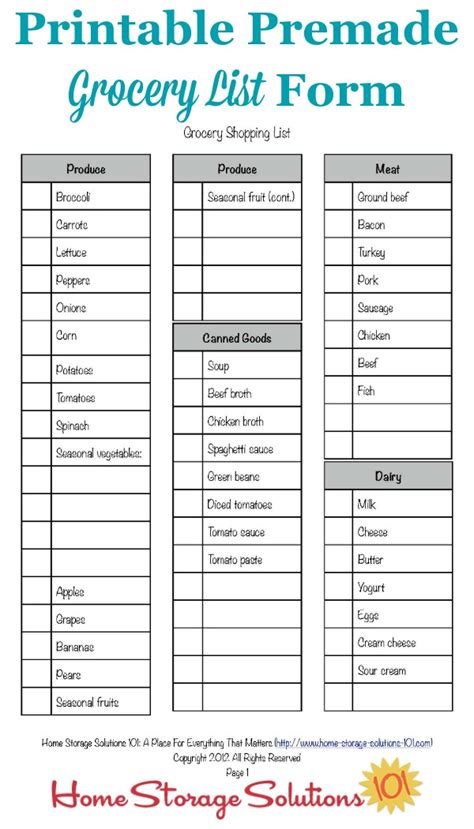 Printable Grocery List Templates