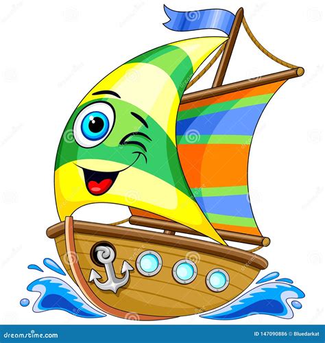 Sailing Boat Cute Cartoon Character Vector Illustration Stock Vector