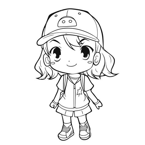 Cartoon Girl Wearing A Cap Is Coloring Page Outline Sketch Drawing