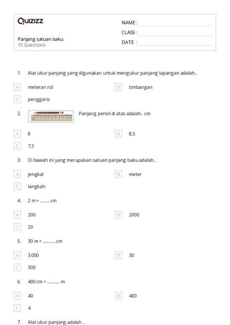 Lembar Kerja Satuan Panjang Dan Metrik Untuk Kelas Di Quizizz