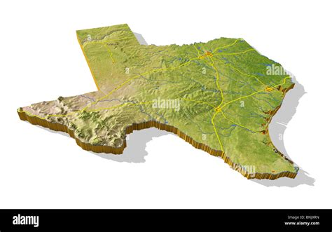 Texas 3d Relief Map Cut Out With Urban Areas And Interstate Highways