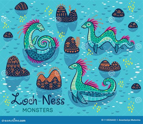 Cartoon Loch Ness Monsters And Decorative Hills In The Lake Vector