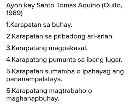 Sa Anim Na Karapatan Ng Tao Ayon Kay Sto Tomas De Aquino Ano Ano Ang