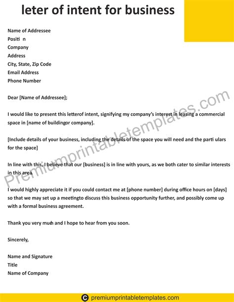 Letter Of Intent For Business Printable Template Letter Of Intent