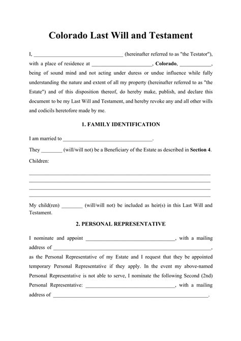 Free Printable Last Will And Testament Blank Forms Colorado Free