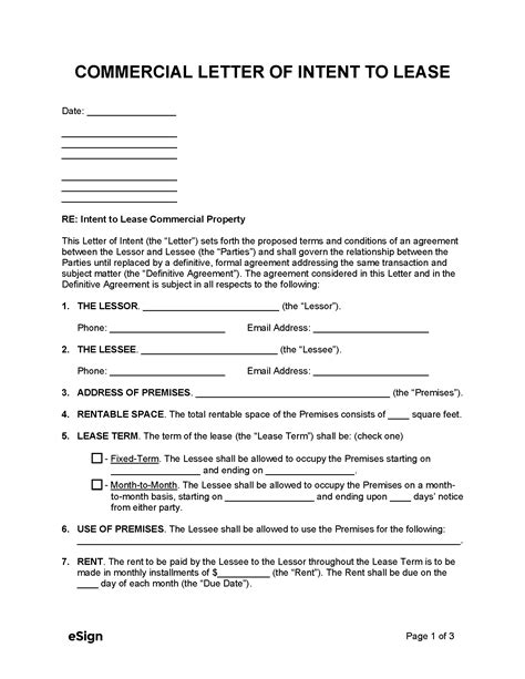 Free Commercial Letter Of Intent To Lease Pdf Word