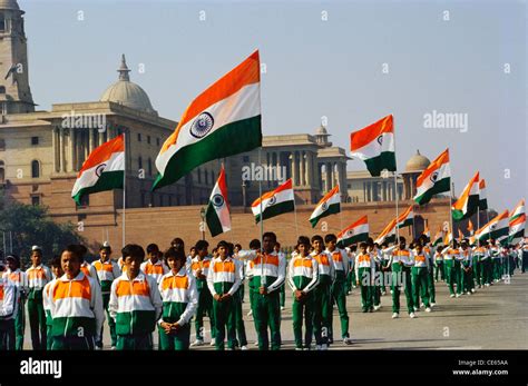 Children Parade Holding Indian Flags On Republic Day Delhi India