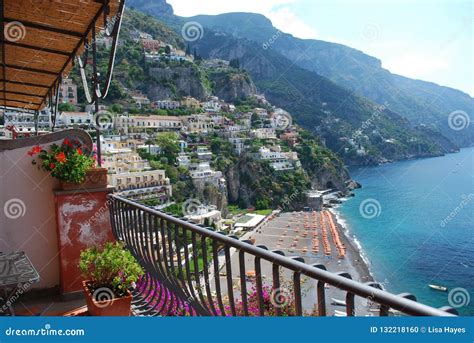 Beach View From The Balcony Positano Amalfi Coast Italy Stock Photo