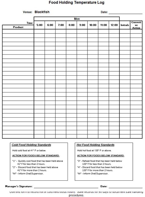 Kitchen Temperature Log Sheets Chefs Resources