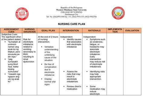 Nursing CARE PLAN RISK FOR Electrolyte Imbalance Western Mindanao