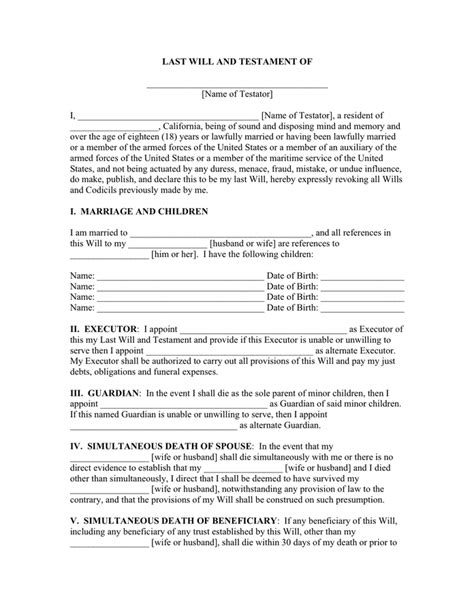 Last Will And Testament Form In Word And Pdf Formats