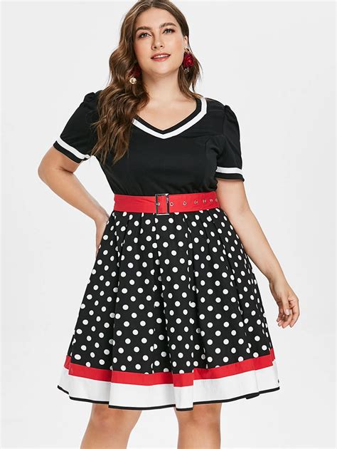 Kenancy Vintage Dress Women Polka Dot Color Block Cotton Belt Summer