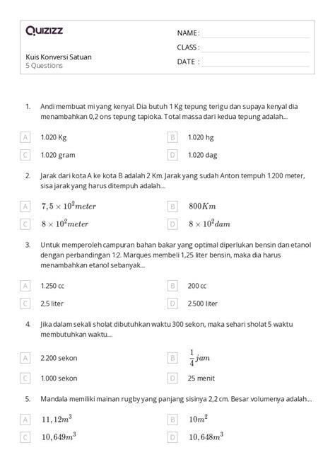 50 Lembar Kerja Konversi Satuan Metrik Untuk Kelas 7 Di Quizizz
