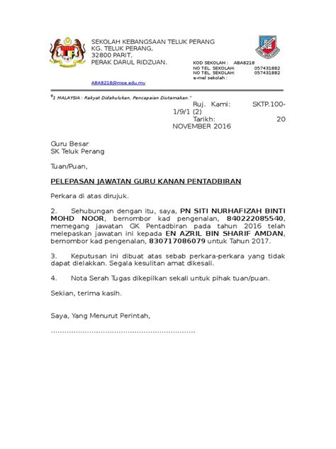 Format Surat Pelepasan Jawatan Kerajaan