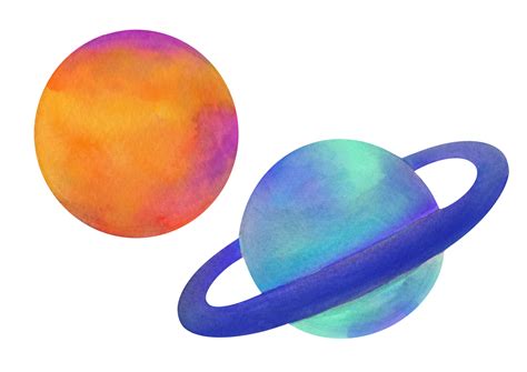 Solar System Cut Out Elements Set Clip Art Watercolor Planets