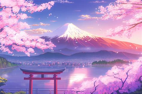 Hermosos Cerezos Rosados Y El Monte Fuji En El Fondo De Este Fondo De