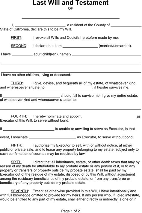 Free Printable Last Will Testament Blank Forms Printable Templates