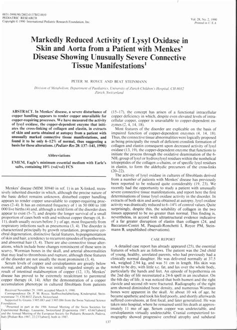 Markedly Reduced Activity Of Lysyl Oxidase In Skin And Aorta From A