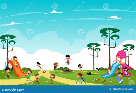 Children Playing In The Playground Outside Cartoon Vector Stock Vector