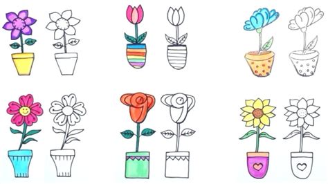 How To Draw Flower Pot Easy Way Six Different Flower Pots Youtube