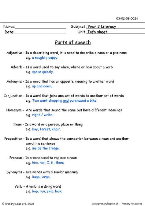 Part Of Speech Worksheet For Grade 4