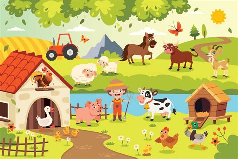 Farm Scene With Cartoon Animals 16260882 Vector Art At Vecteezy