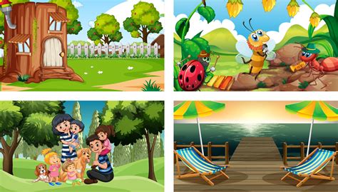 Four Different Scenes With Children Cartoon Character 3176188 Vector