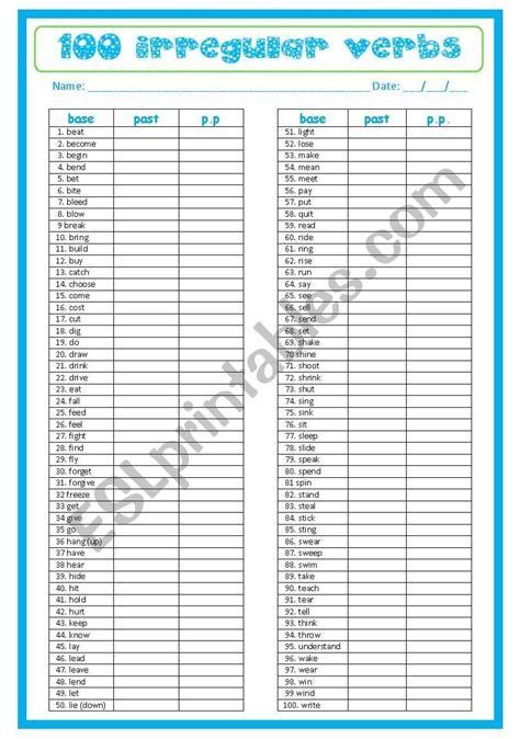 100 Examples Of Regular And Irregular Verbs In English Table Of 414