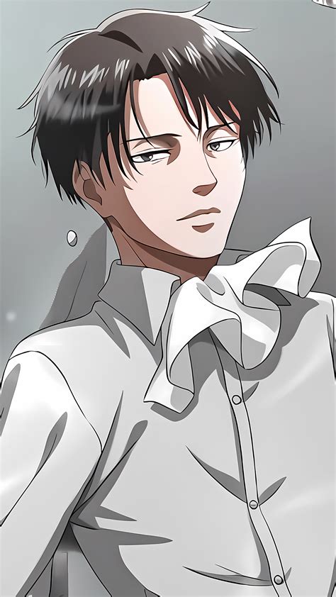 An Anime Character With Black Hair Wearing A White Shirt And Grey Pants