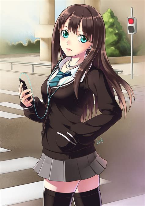 Anime Chicas Anime Shibuya Rin Pelo Largo Ojos Azules Calle Fondo