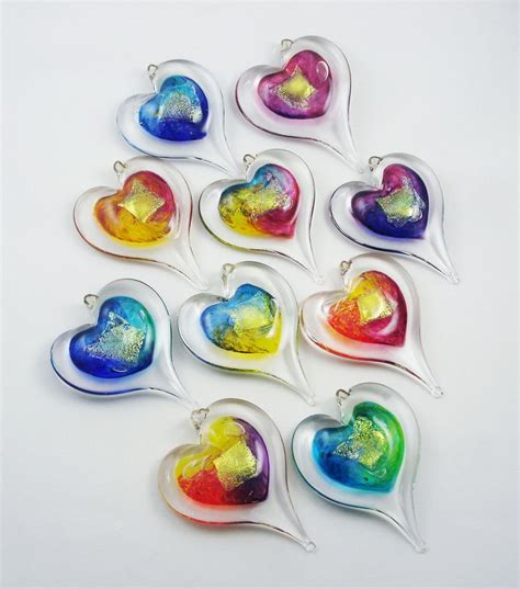 Twelve Heart Shaped Glass Charms In Different Colors